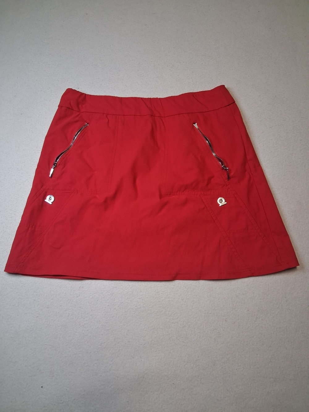 Simon Chang Red Mini Skirt with Zip Pocket Accents